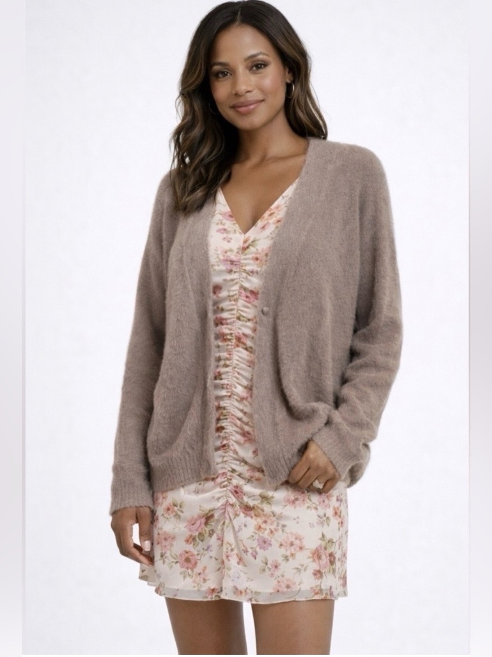 Ann Taylor Factory Fuzzy Button Front Cardigan Sweater Taupe Gray Size Medium